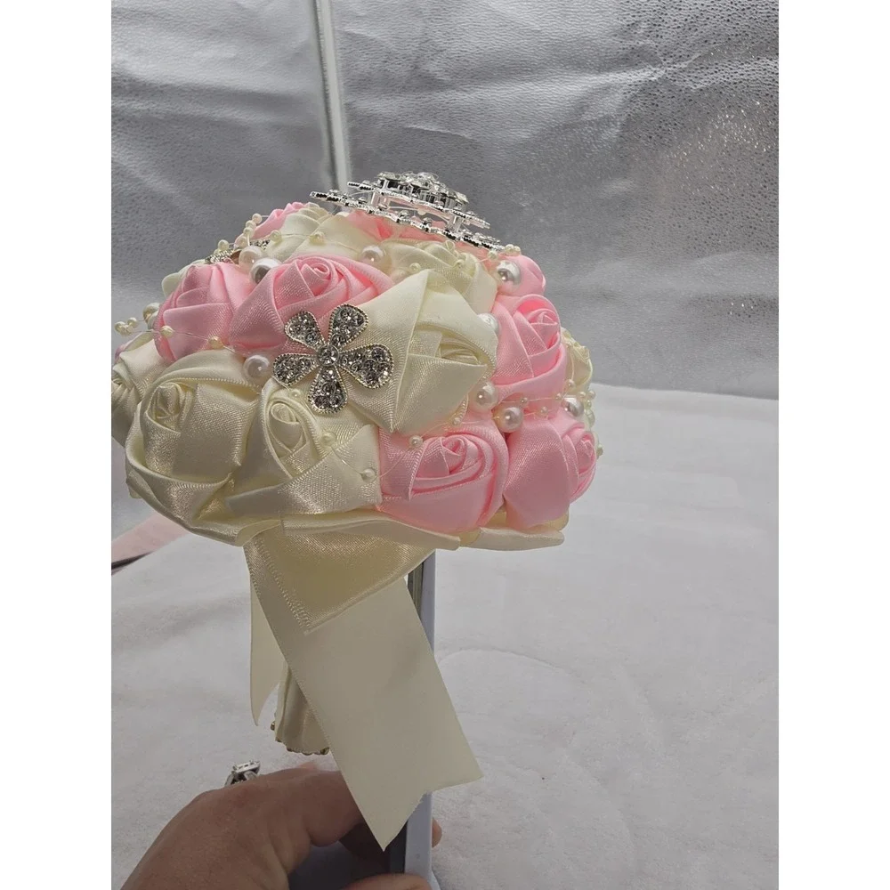 Pink & White Rose Flower Rhinestone Pearl  Wedding Bridal Bouquet‎